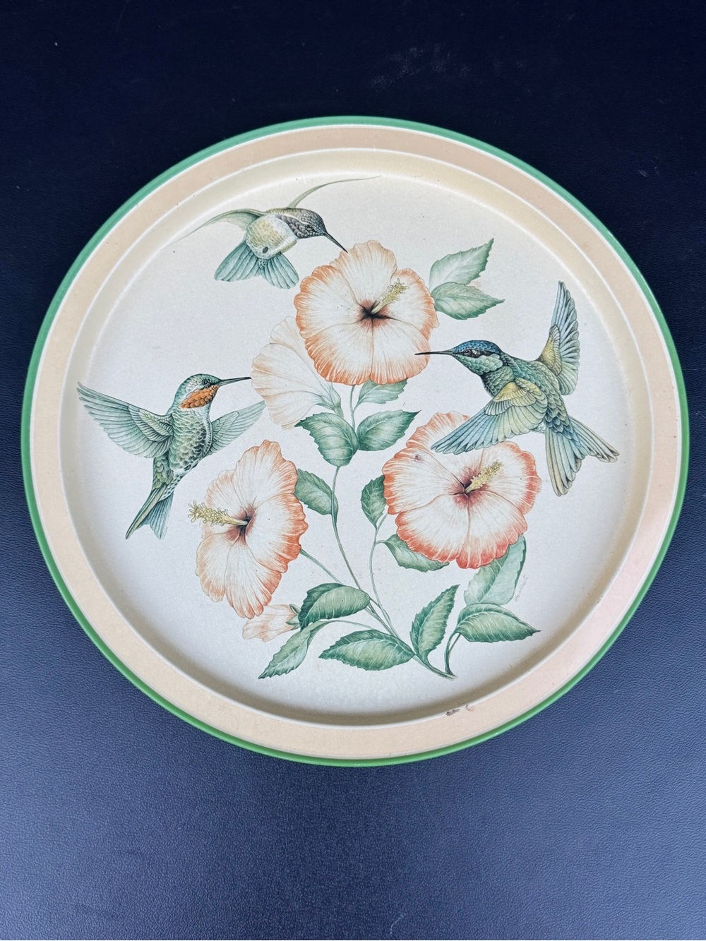 Vintage Hummingbird & Hibiscus Flowers Metal Tray by Potpourri Press 1993 13.5"